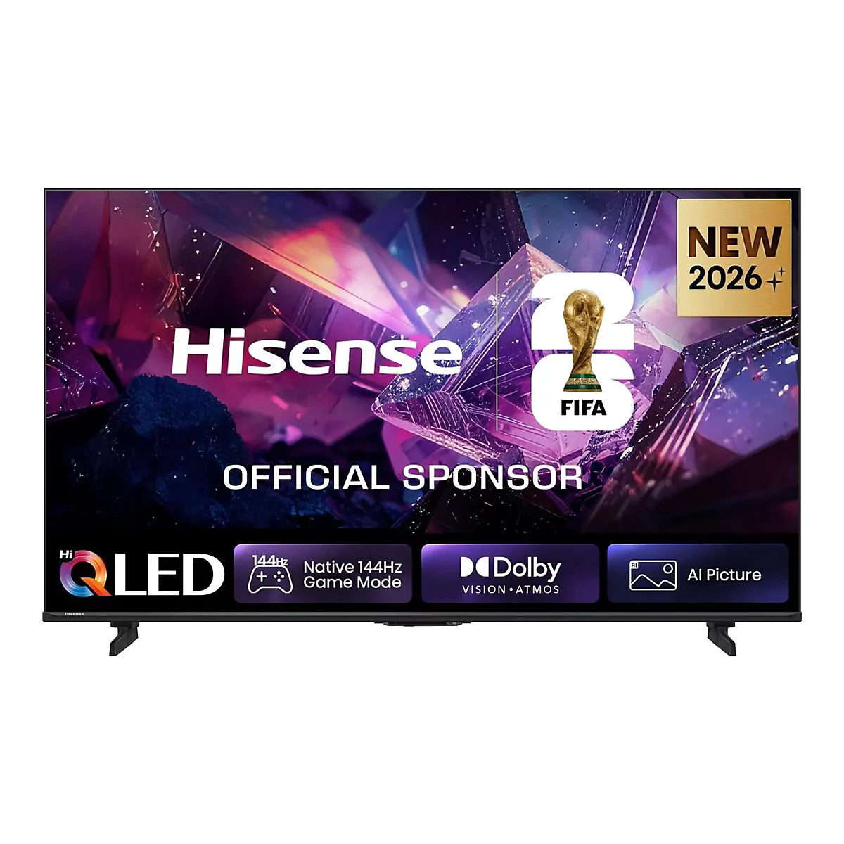 Ein Hisense QLED Fernseher auf einem weißen Hintergrund zeigt das FIFA 2026 Sponsorenlogo auf dem Bildschirm.