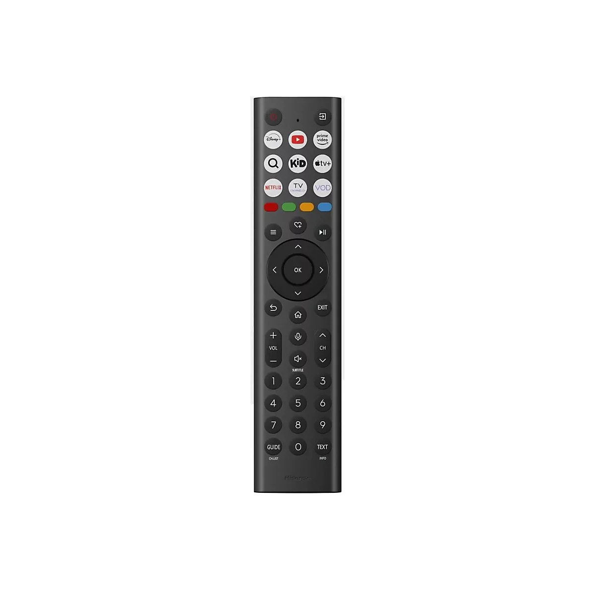 Schwarze Hisense TV-Fernbedienung mit zahlreichen Tasten für Streaming-Dienste und Menüsteuerung auf weißem Grund.
