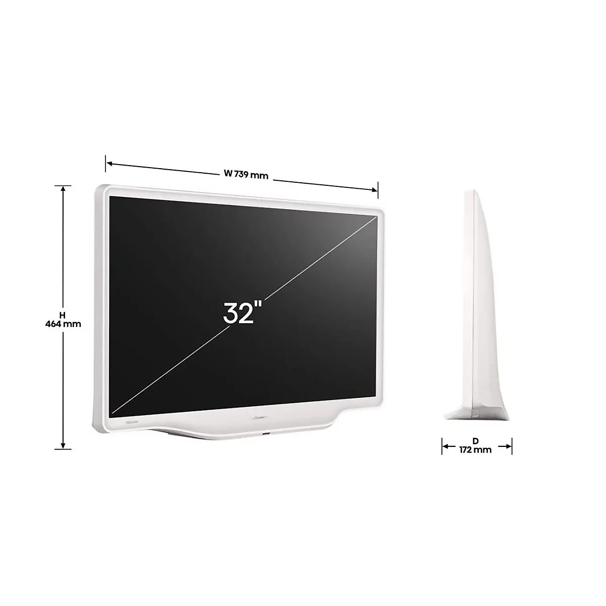 Technisches Diagramm eines weißen 32-Zoll-Fernsehers mit Maßangaben für Breite, Höhe und Tiefe.