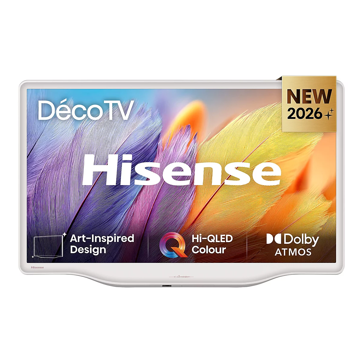 Hisense DecoTV mit weißem Rahmen zeigt ein buntes Feder-Motiv, Schriftzüge zu Art-Design, Hi-QLED und Dolby Atmos.