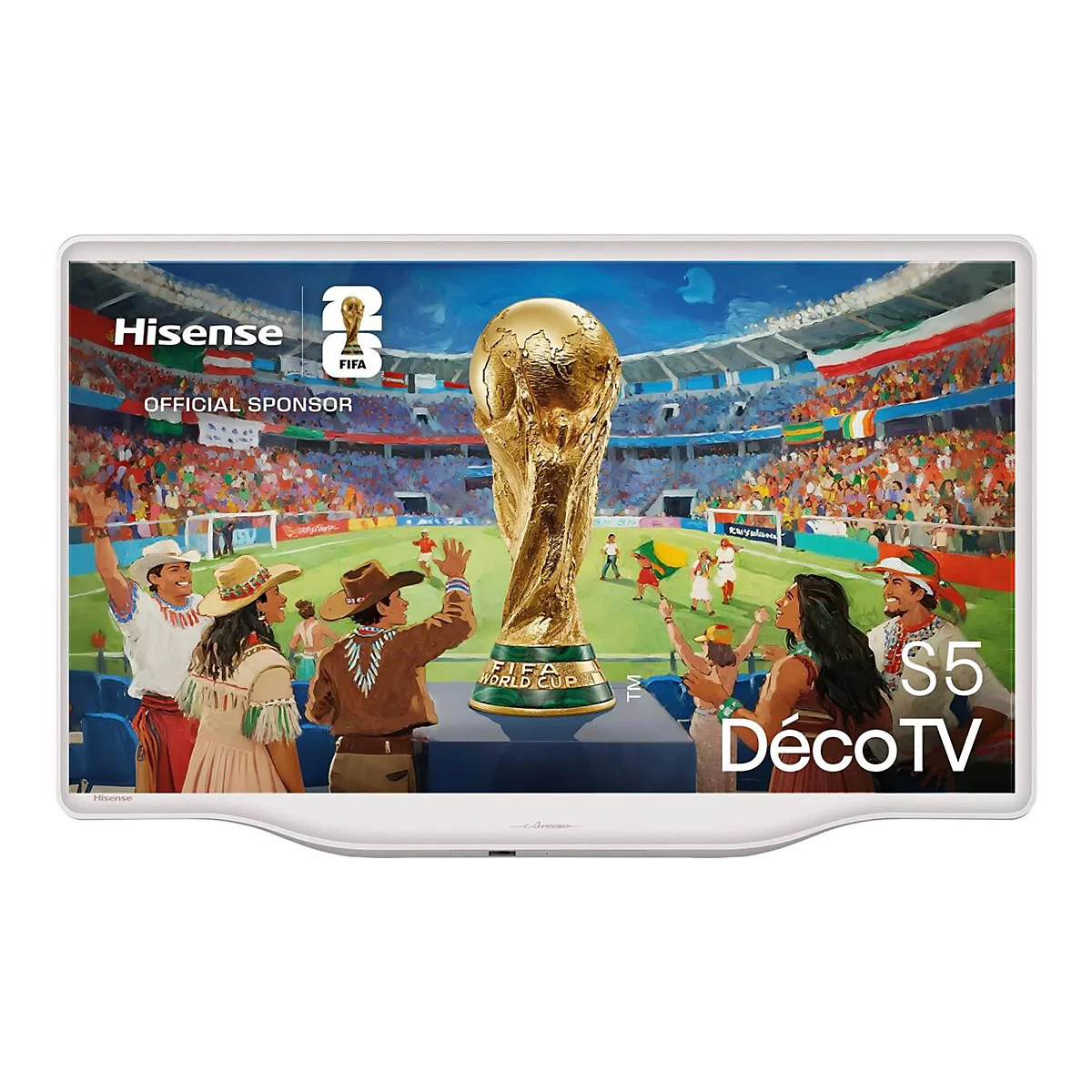 Hisense DecoTV S5 mit Fußball-WM-Motiv, Pokal und jubelnden Menschen vor einem Stadion.