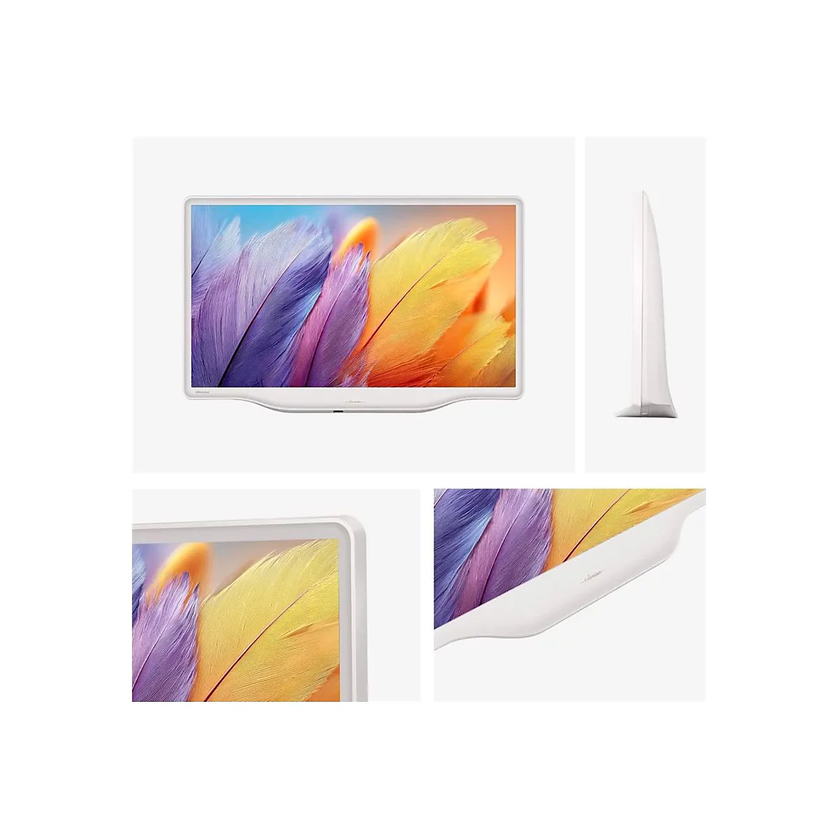 Weißer Hisense Fernseher mit buntem Federbild auf dem Display, in verschiedenen Ansichten gezeigt.