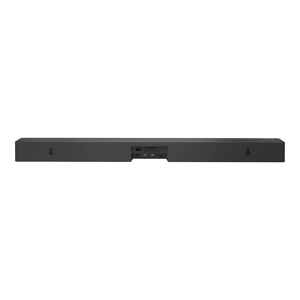 Rückseite einer schwarzen Soundbar mit sichtbaren Anschlüssen und Wandhalterungsöffnungen.