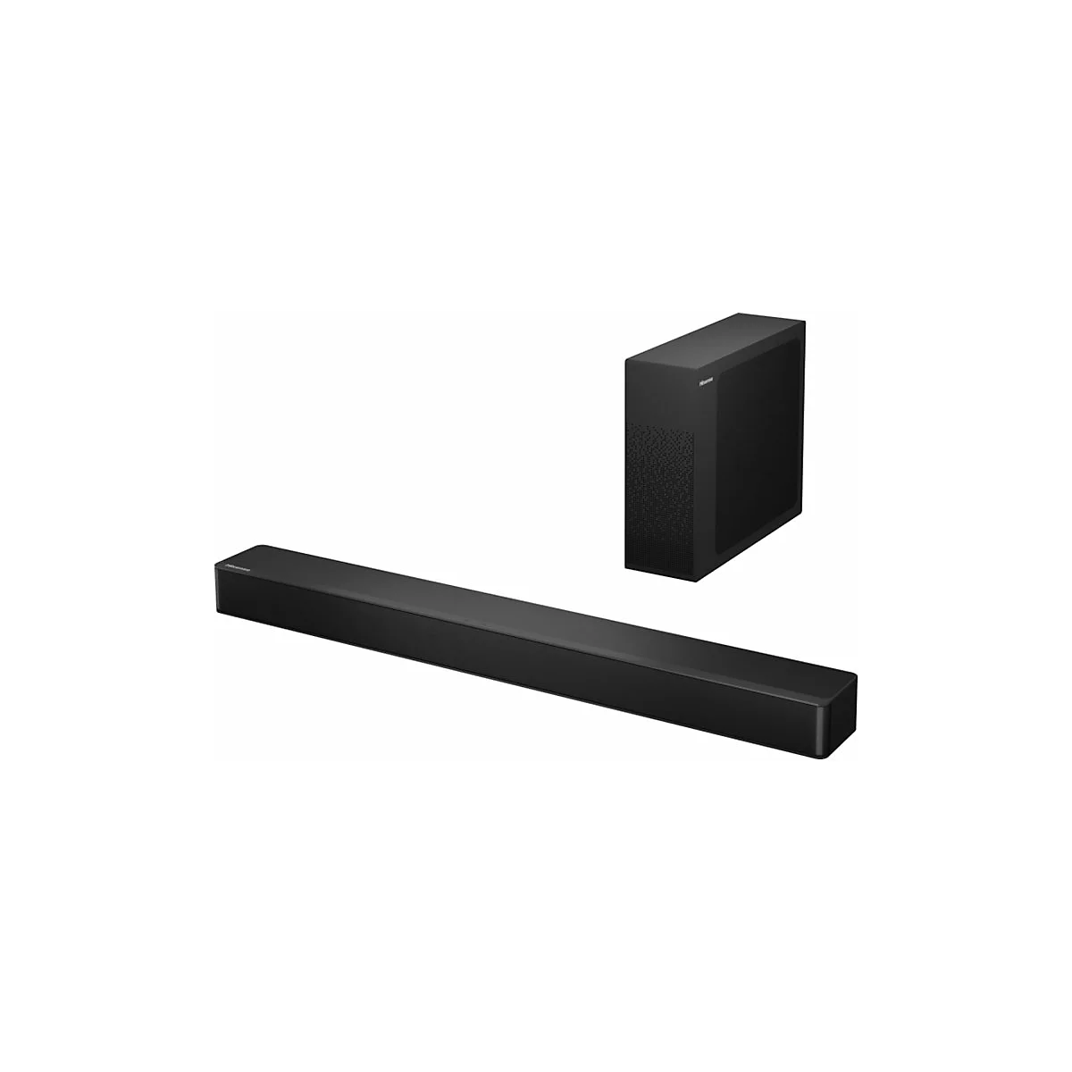 Schwarze Hisense Soundbar mit einem separaten, aufrecht stehenden Subwoofer auf weißem Hintergrund.