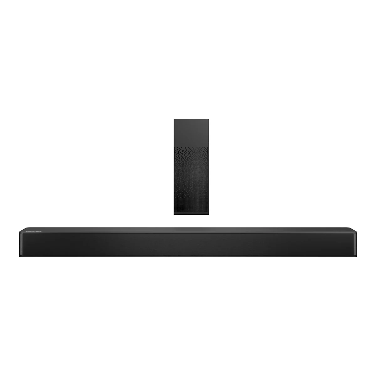 Schwarze Hisense Soundbar mit einem separaten, vertikalen Subwoofer vor weißem Hintergrund.