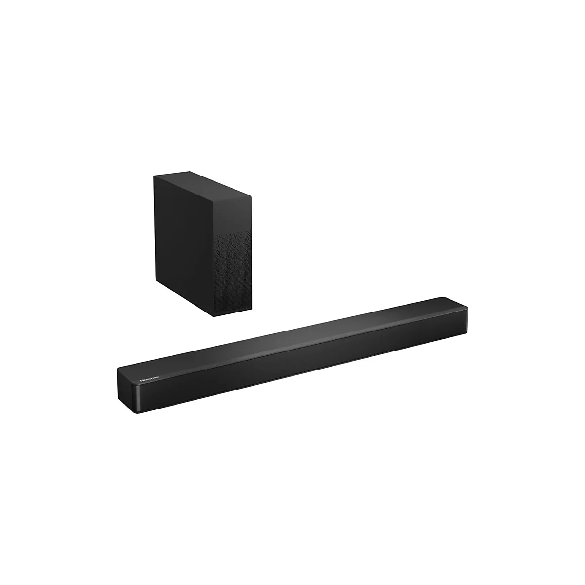 Schwarze Hisense Soundbar mit Subwoofer vor weißem Hintergrund.