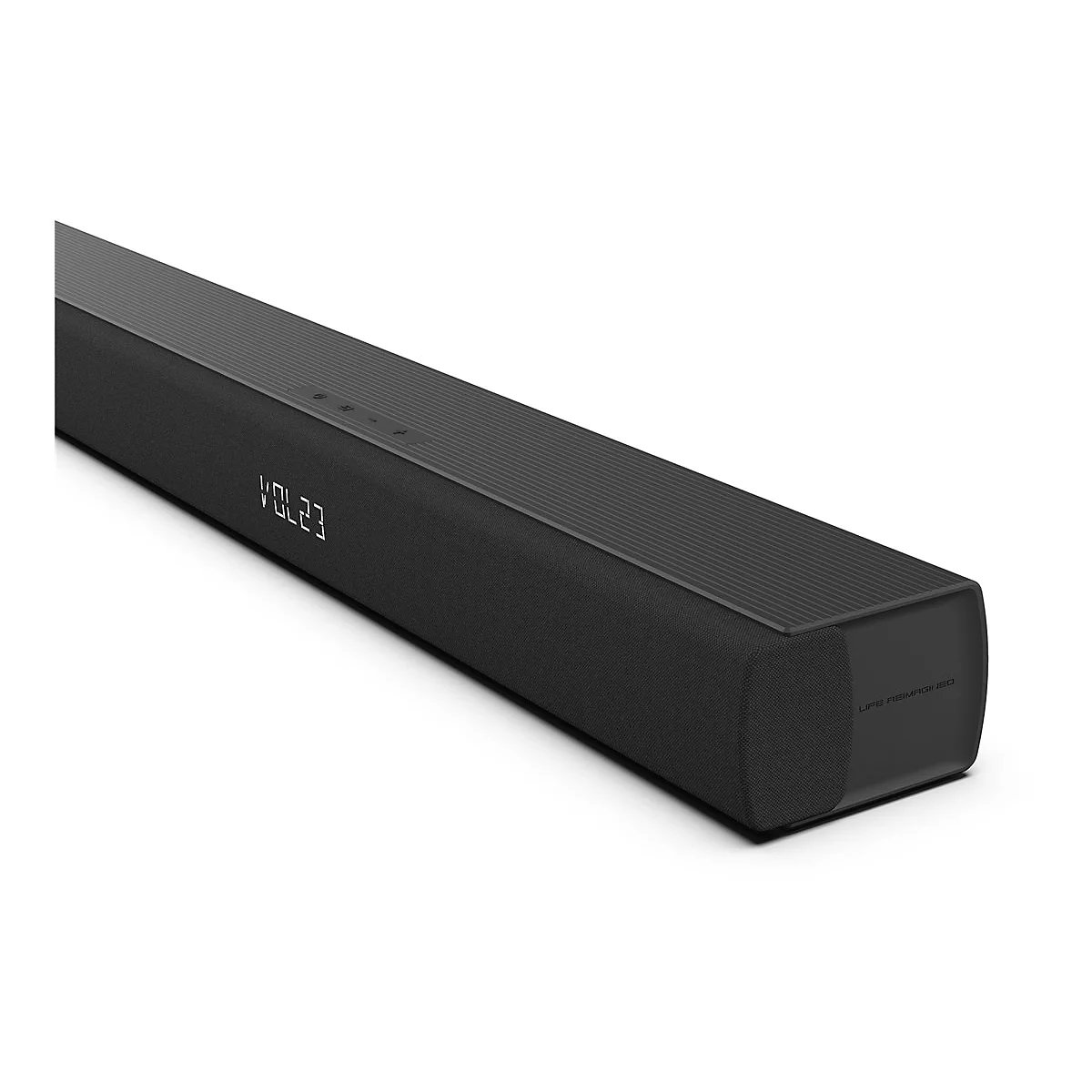 Schwarze Soundbar in Nahaufnahme mit LED-Anzeige VOL 23 auf der Frontseite.
