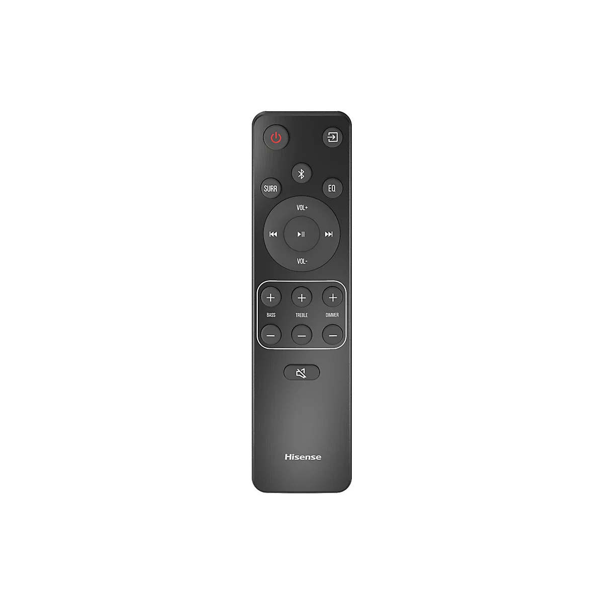 Schwarze Hisense Fernbedienung mit Tasten für Lautstärke, Wiedergabe, Bass, Treble und Dimmer auf weißem Hintergrund.