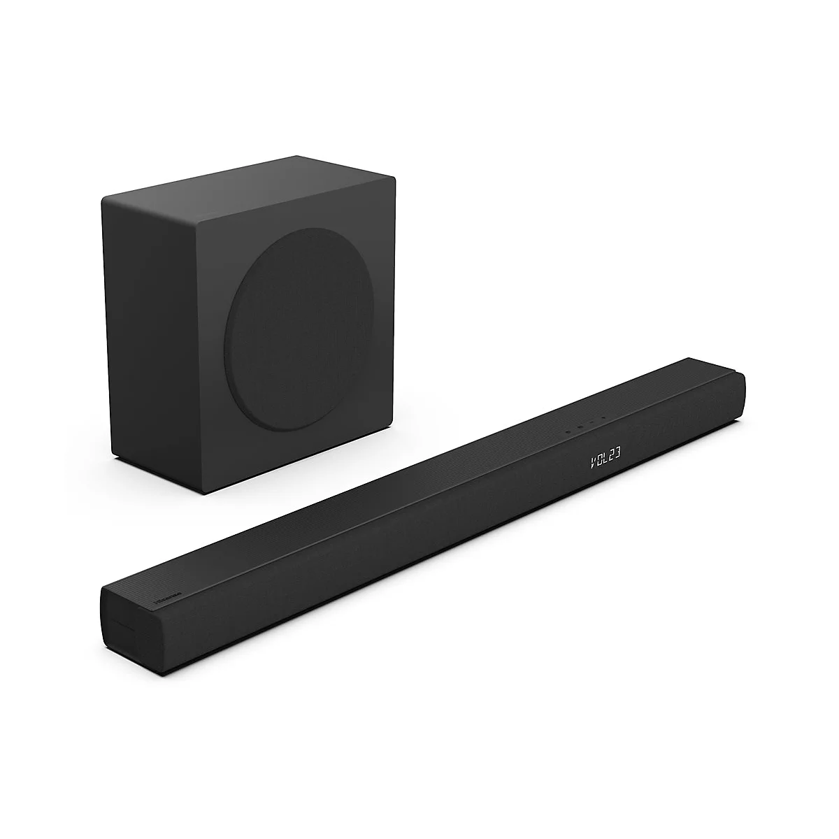 Schwarze Hisense Soundbar mit Subwoofer vor weißem Hintergrund.
