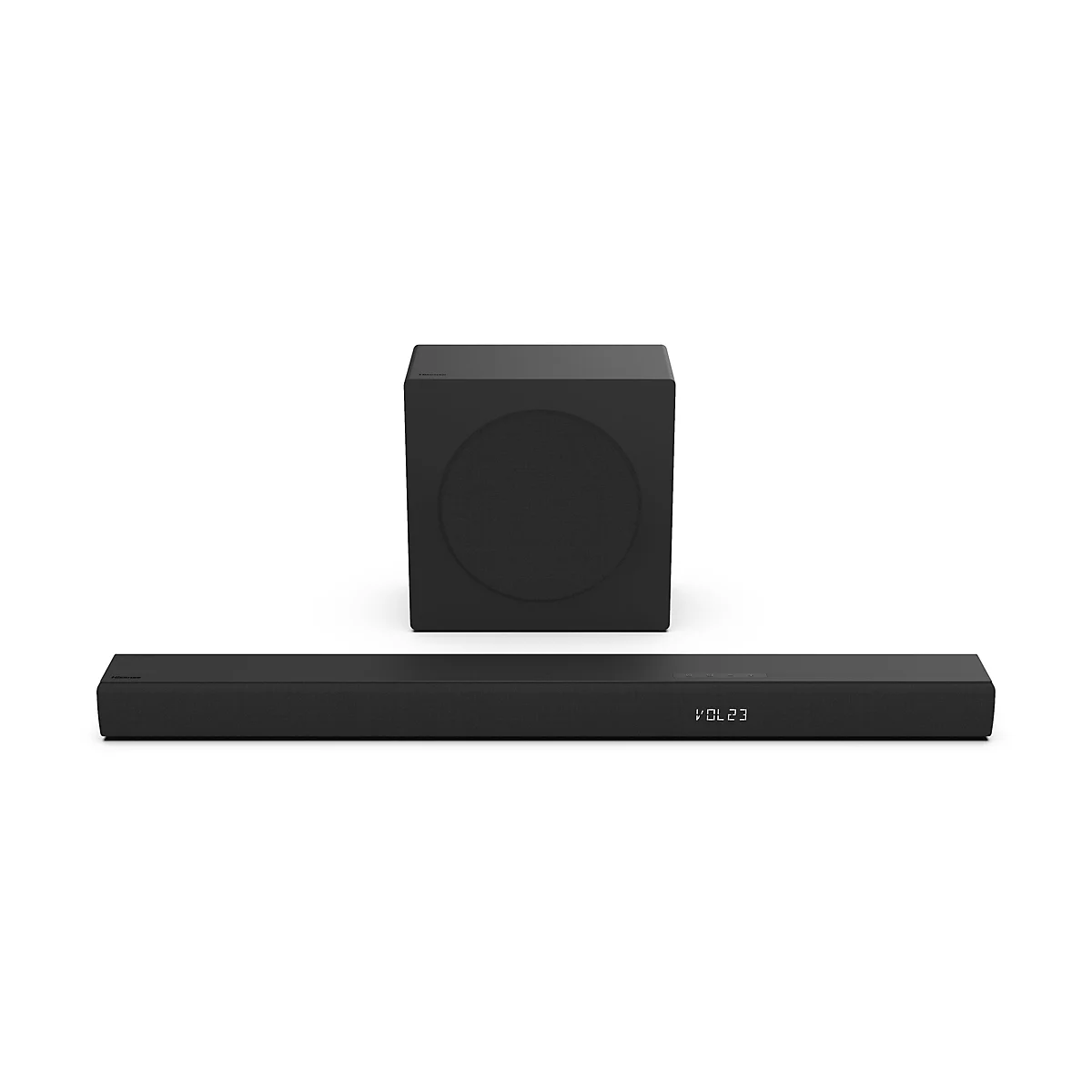 Schwarze Hisense Soundbar mit Subwoofer vor weißem Hintergrund. Die Soundbar zeigt das Display VOL 23.