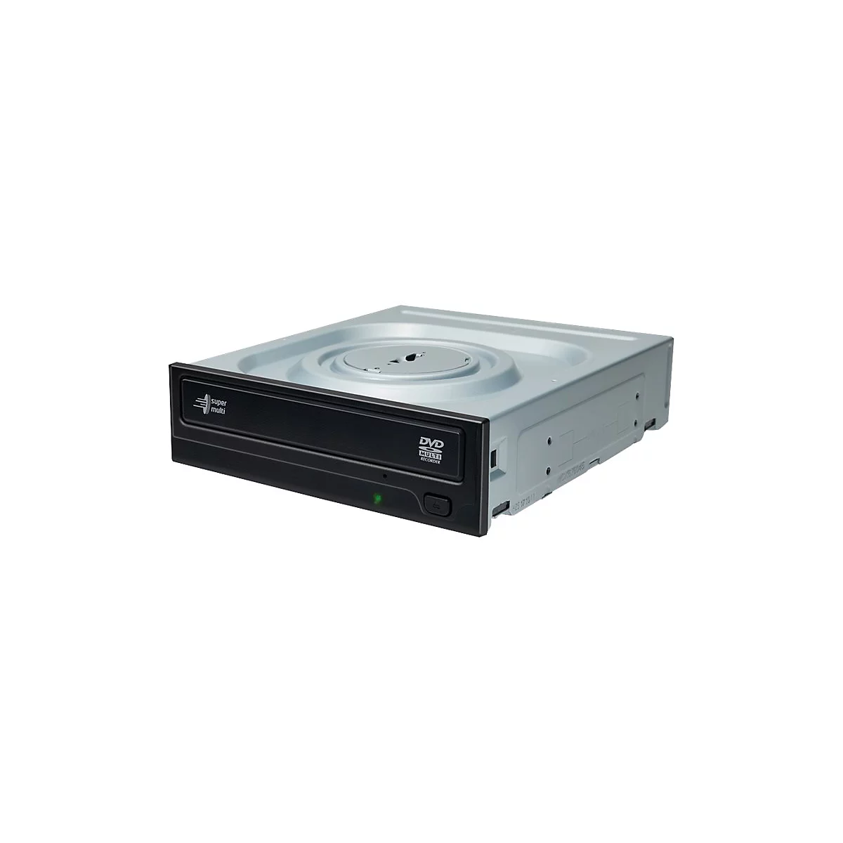 Schwarzes DVD-Multi-Recorder-Laufwerk mit grüner Status-LED vor grauem Gehäuse.