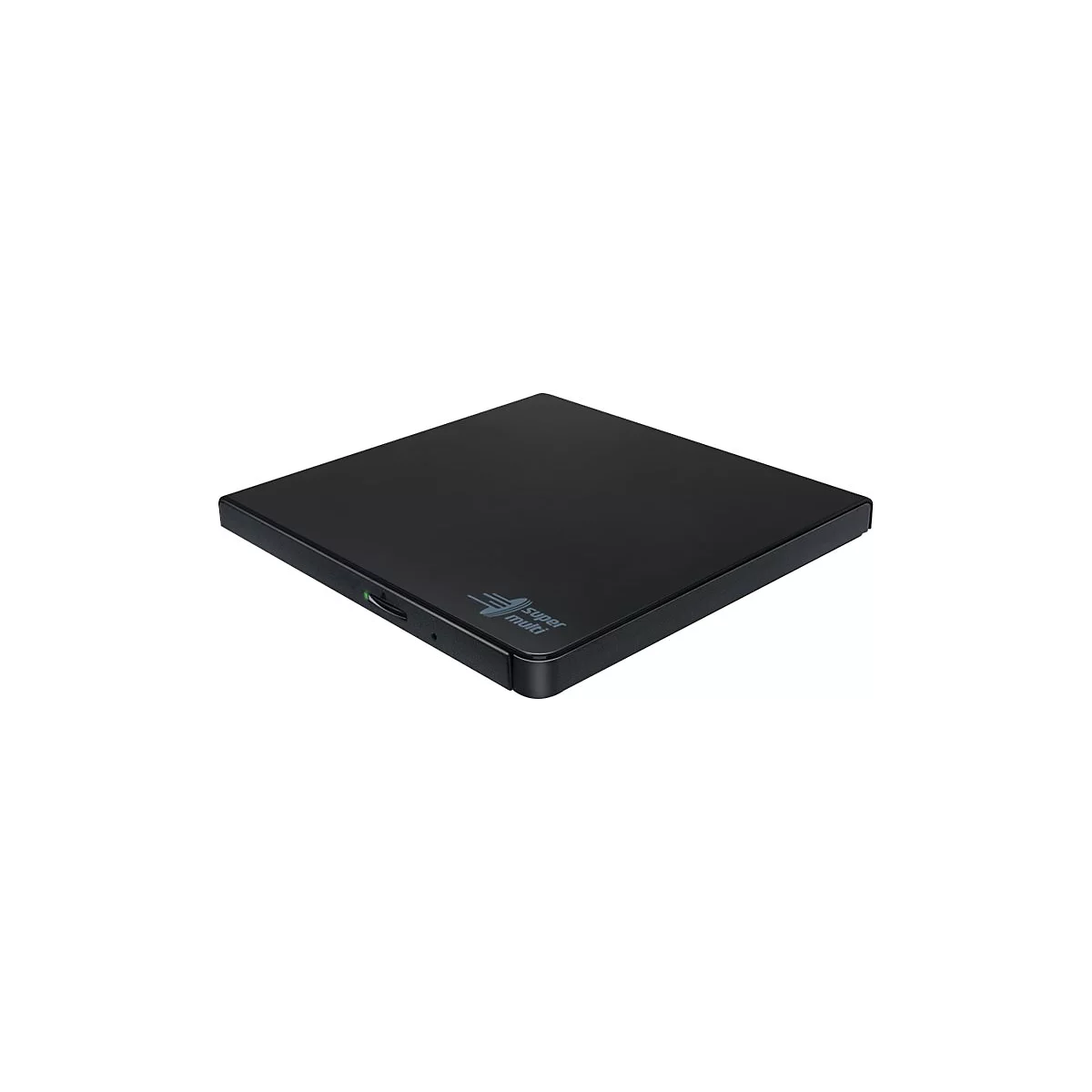 Schwarzes externes CD-DVD-Laufwerk mit Super Multi Logo auf weißem Hintergrund.