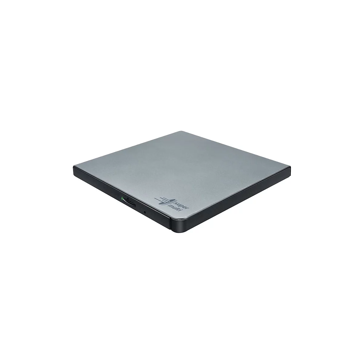 Flaches, silbernes externes DVD-Laufwerk mit schwarzem Rand und Super-Multi-Logo auf weißem Hintergrund.