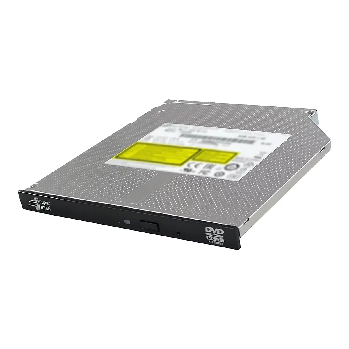 Flaches, silbernes DVD-Laufwerk für Laptops mit schwarzer Frontblende und Aufdruck.