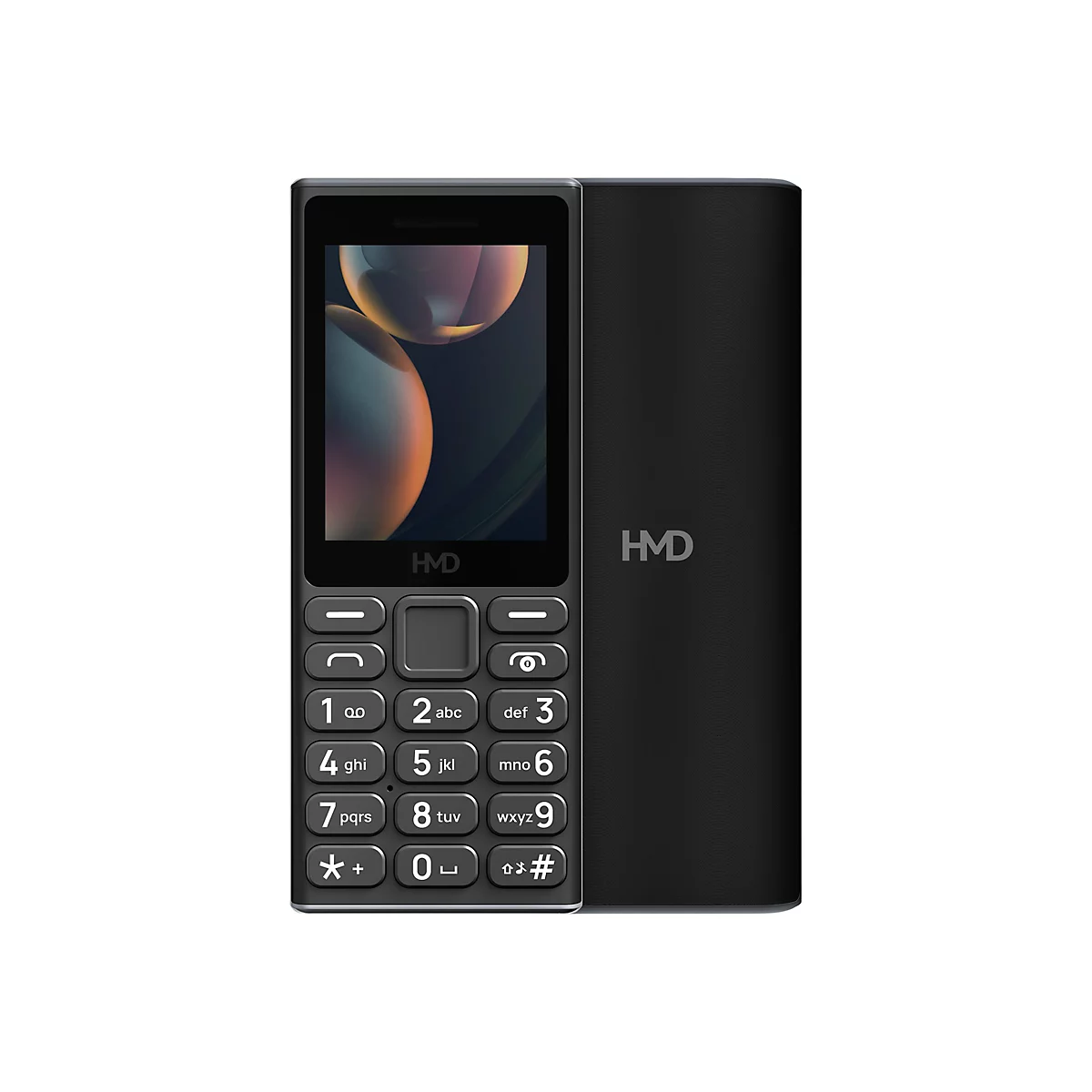 Schwarzes HMD Tastenhandy mit Display und Tastenfeld vor weißem Hintergrund.