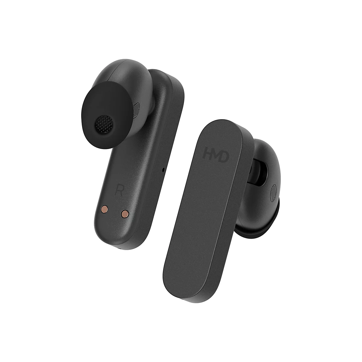 Zwei schwarze HMD-Ohrhörer mit mattem Finish vor weißem Hintergrund.