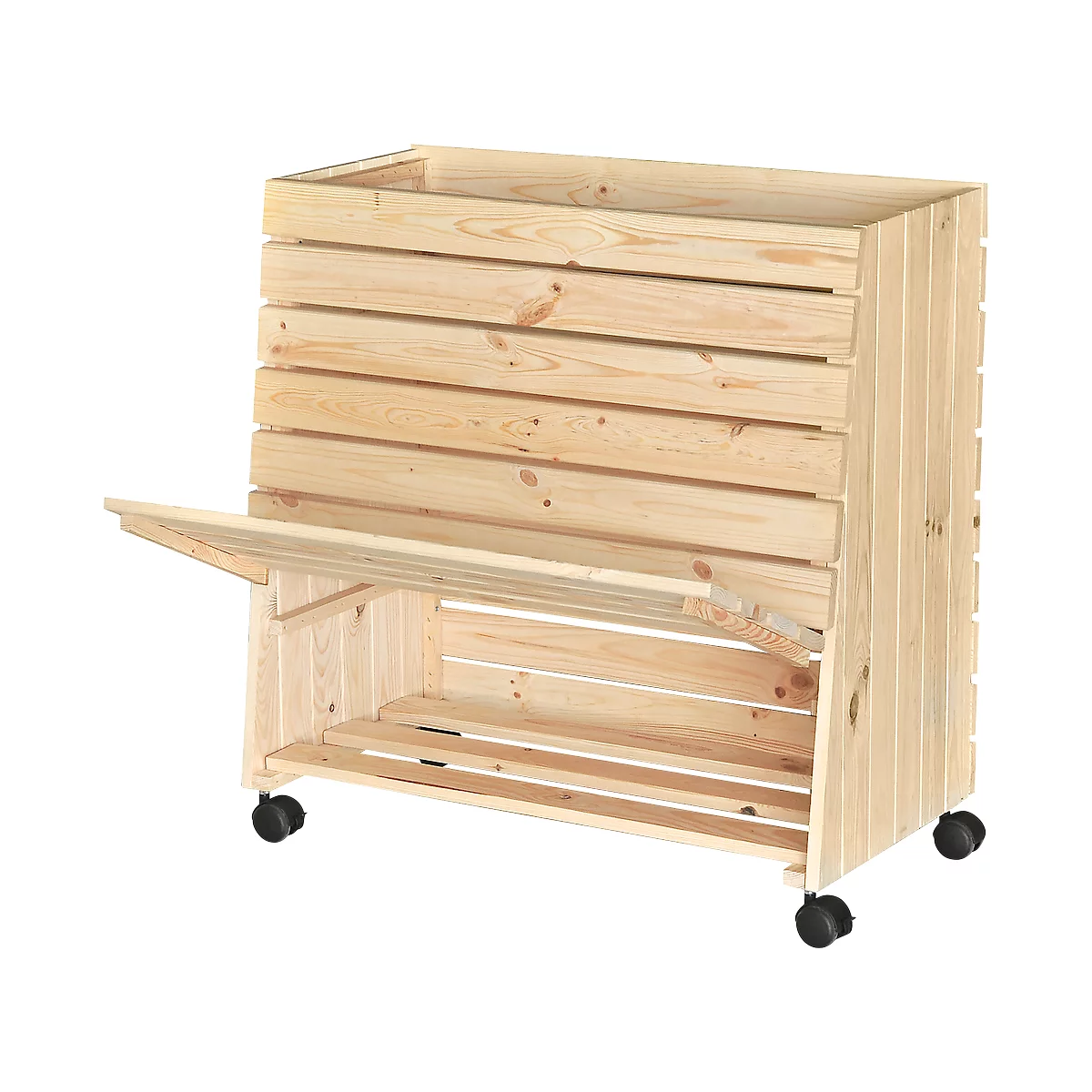 Ein offener, rollbarer Holzkasten, der aus einzelnen Brettern gefertigt wurde. Die Bretter sind mit sichtbaren Holzmaserungen versehen.