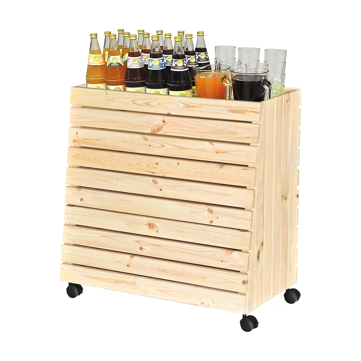 Holzcontainer mit Getränken, Gläsern und Flaschen. Der Container steht auf Rollen.