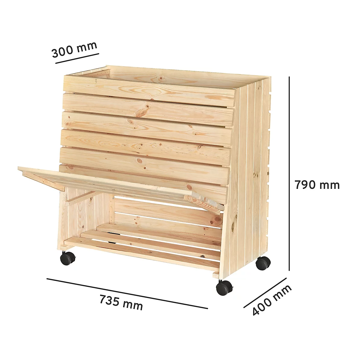 Ein helles Holzregal mit geöffneter Klappe, auf Rollen. Maße: 735x400x790 mm. Oben 300 mm.