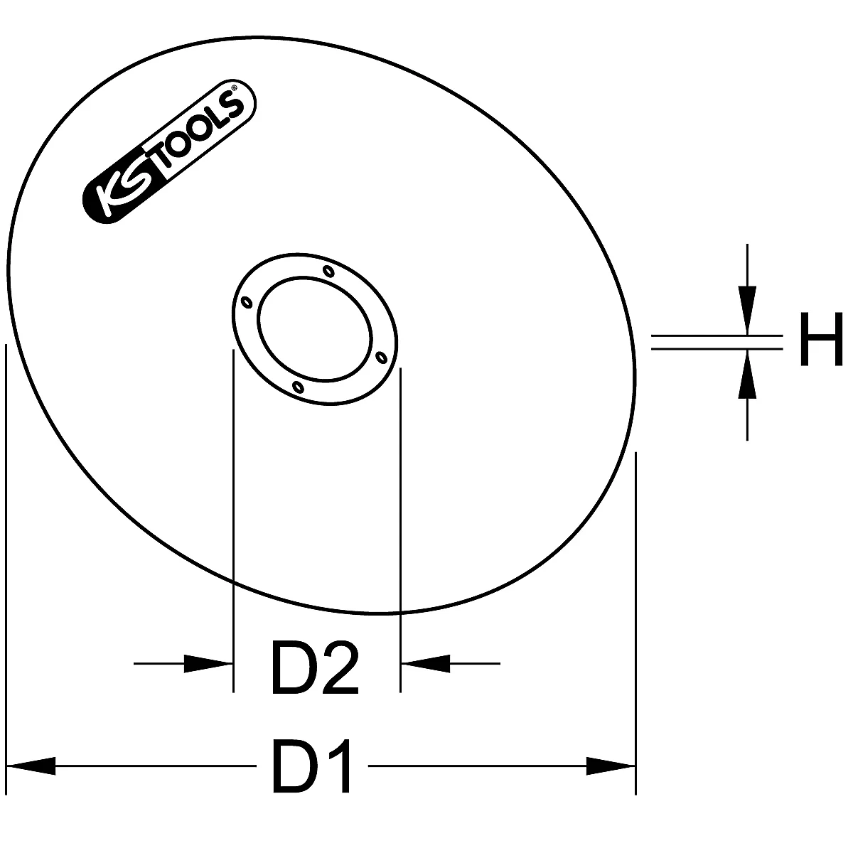 Zeichnung eines runden Werkzeugs mit Größenangaben D1, D2 und H. Das KS TOOLS Logo ist sichtbar.