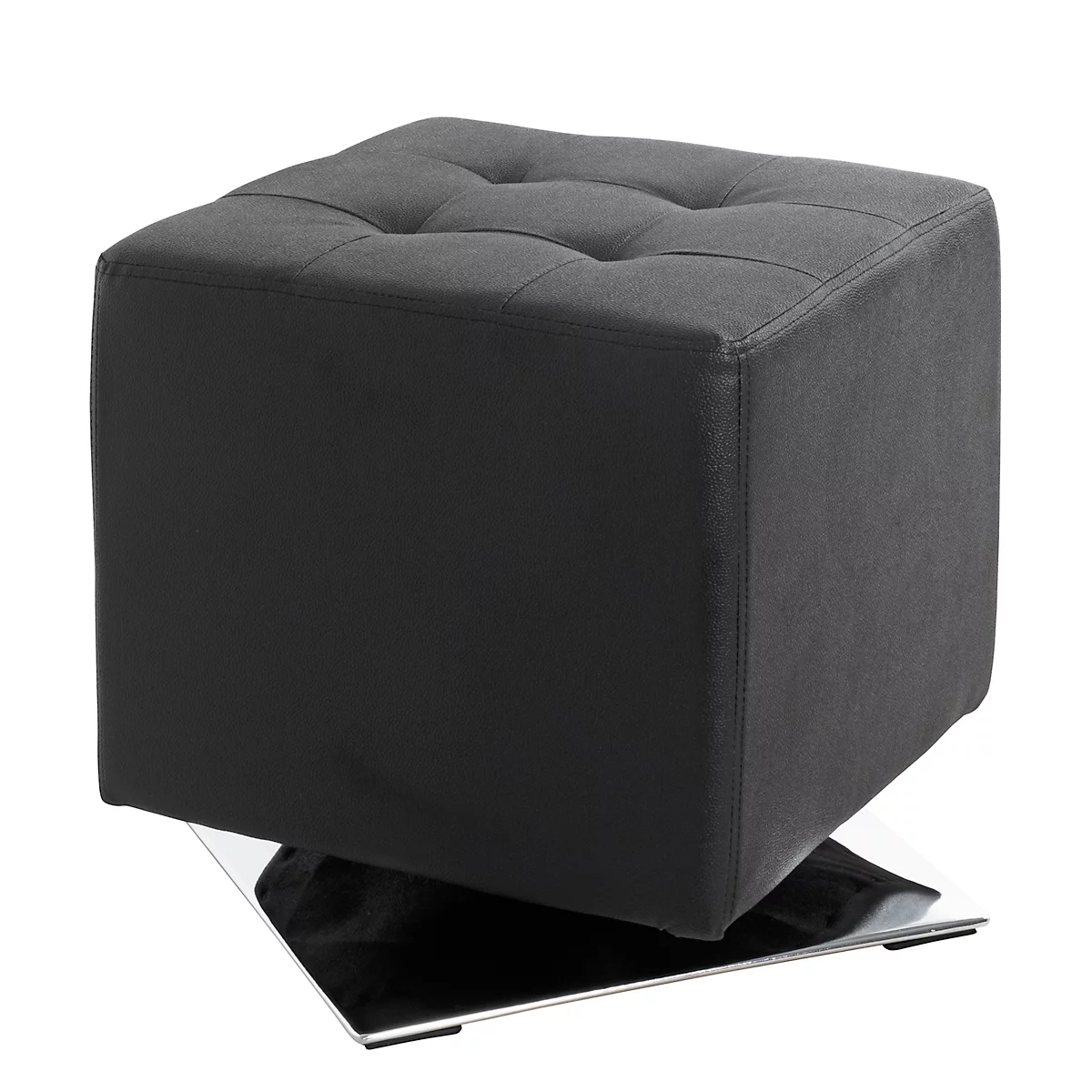 Dunkelgrauer Hocker, quadratisch mit Knopfheftung, auf einer Metallplatte.