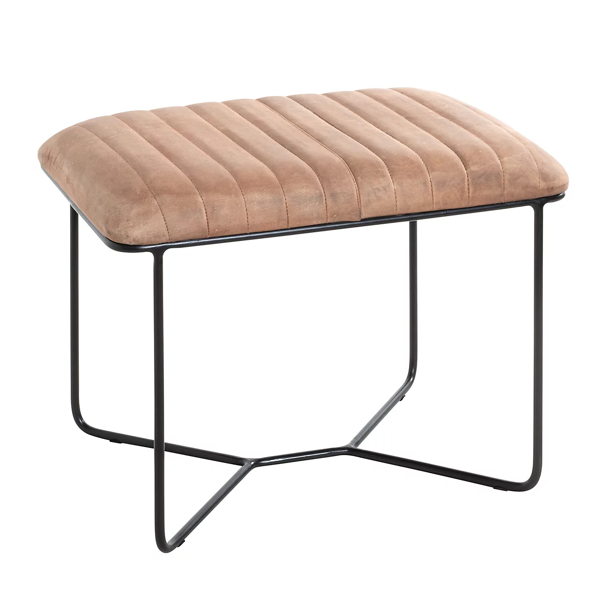 Beigefarbener, gesteppter Hocker mit schwarzen Metallbeinen, vor weißem Hintergrund.