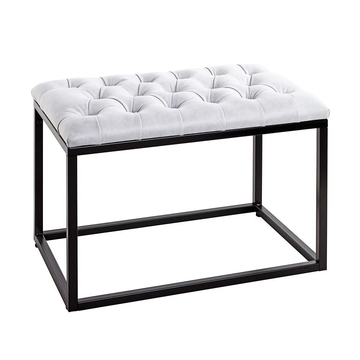 Hocker mit gepolsterter, hellgrauer Sitzfläche, schwarzes Metallgestell.