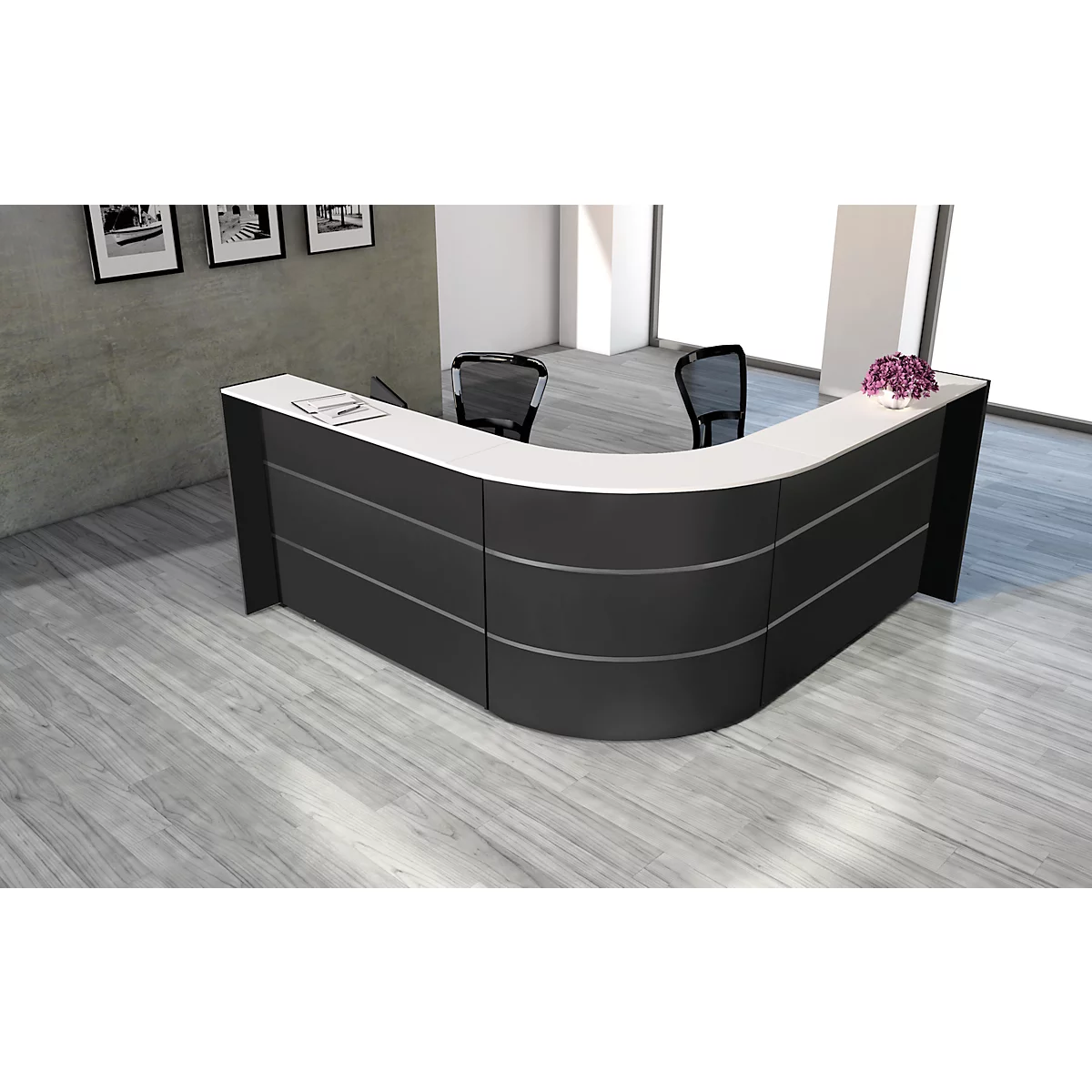 Hoekaanrecht Faro, met opbergruimte en zijpanelen, melamine gecoat, ABS randen, B 2320 x D 2320 x H 1120 mm, antraciet/antraciet