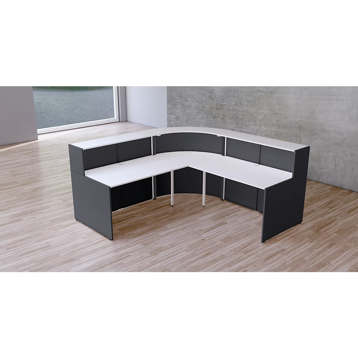 Hoekaanrecht Faro, met opbergruimte en zijpanelen, melamine gecoat, ABS randen, B 2320 x D 2320 x H 1120 mm, antraciet/antraciet