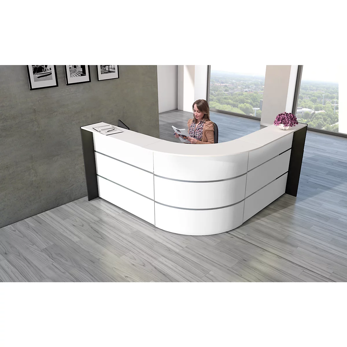 Hoekaanrecht Faro, met opbergruimte en zijpanelen, melamine gecoat, ABS randen, B 2320 x D 2320 x H 1120 mm, wit/antraciet