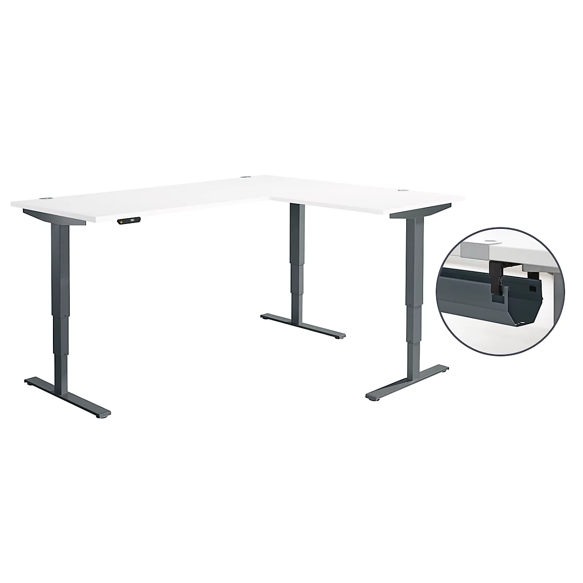Hoekbureau AERO FLEX - elektrisch in hoogte verstelbaar - hoek 90° - B 2000 x D 1600 mm - met memoryplaat + kabelgoot - C-voet antraciet – wit - Schäfer Shop Genius