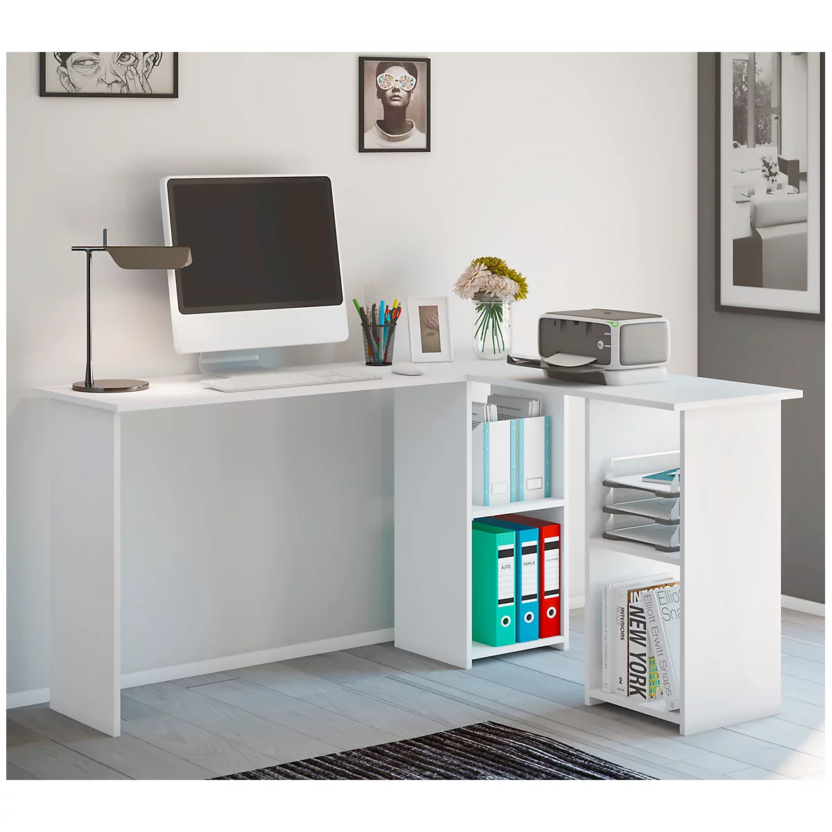 Hoekbureau, hoek 90°, wangpoot, 4 schappen, B 1360 x D 1120 x H 730 mm, wit