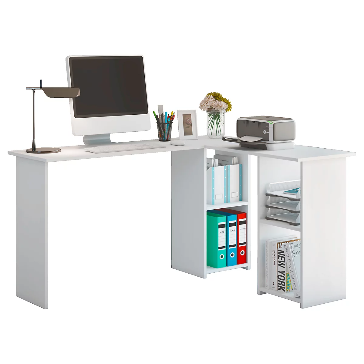 Hoekbureau, hoek 90°, wangpoot, 4 schappen, B 1360 x D 1120 x H 730 mm, wit