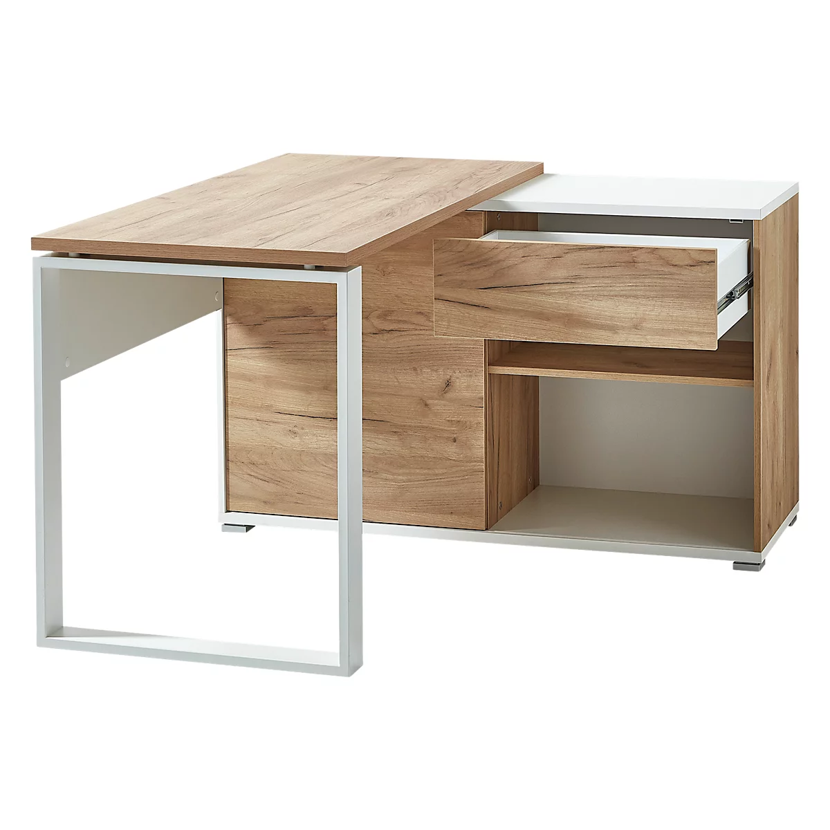 Hoekbureau met sideboard LIONI - B 1200 x D 1170 x H 750 mm - wit en Navarra eik decor