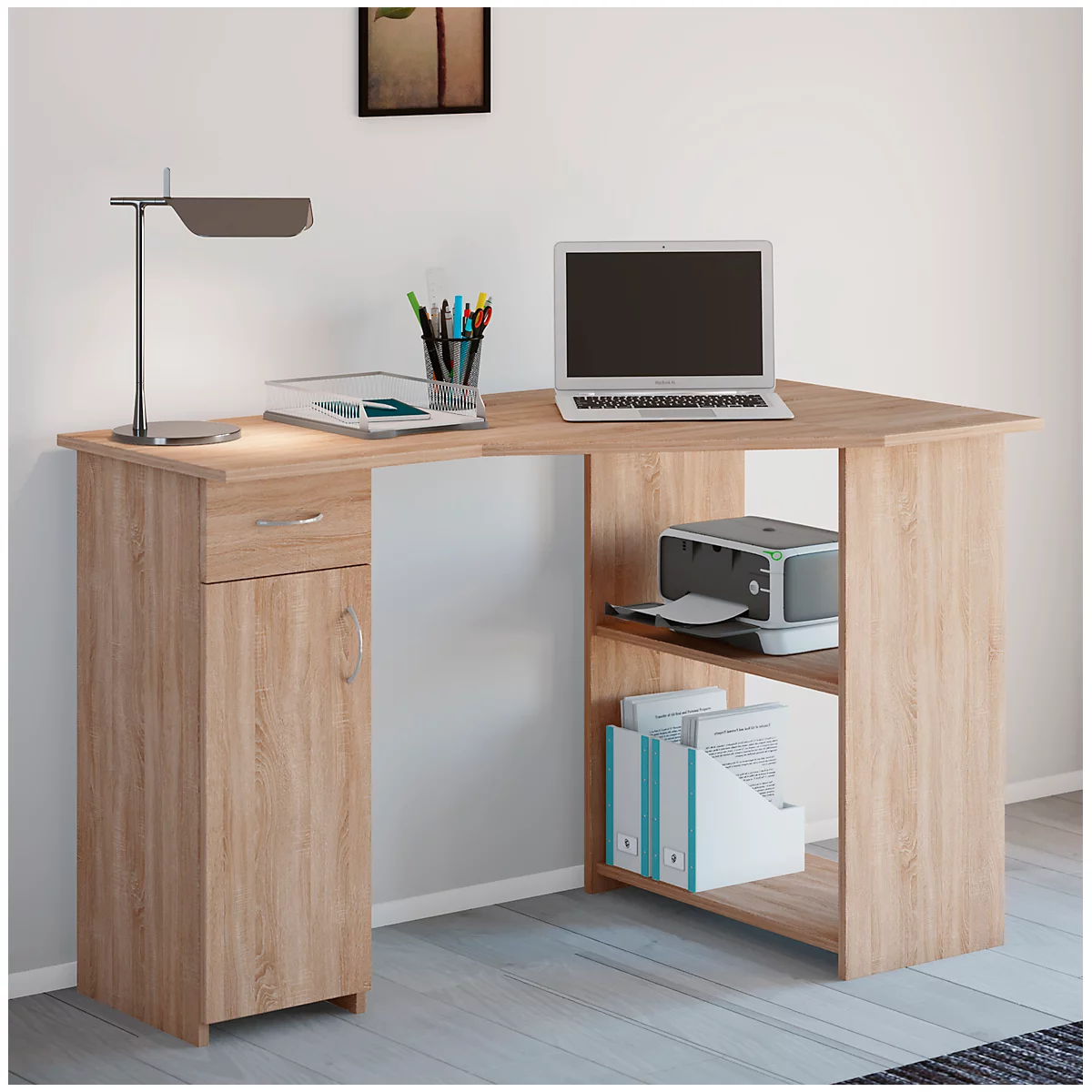 Hoekbureau, rechte hoek, 2 legplanken &amp; 1 kast met lade, B 1180 x D 770 x H 760 mm, Sonoma eik