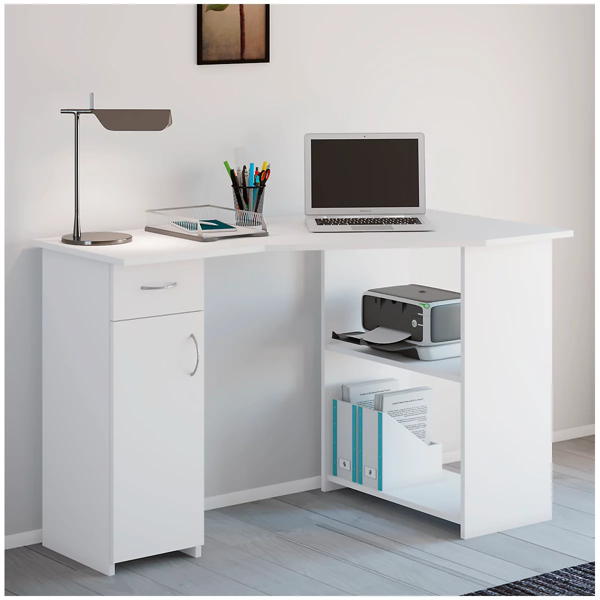 Hoekbureau, rechte hoek rechts, 2 legplanken &amp; 1 kast met lade, B 1180 x D 770 x H 760 mm, wit