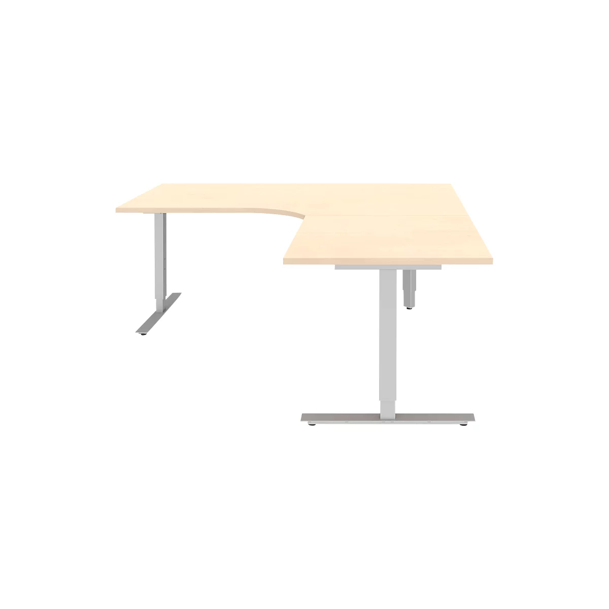 Hoekbureautafel BARI 90°, T-poot, Tafel in vrije vorm, hoek rechts, B 1800 x D 1000/800 x H 680-820 mm, esdoorn/aluminium