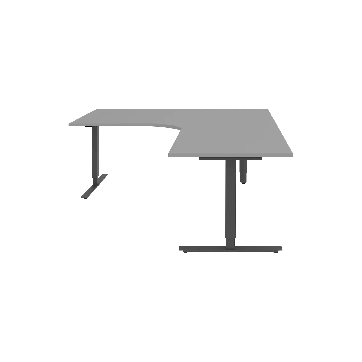 Hoekbureautafel BARI 90°, T-poot, Tafel in vrije vorm, hoek rechts, B 1800 x D 1000/800 x H 680-820 mm, middengrijs/antraciet