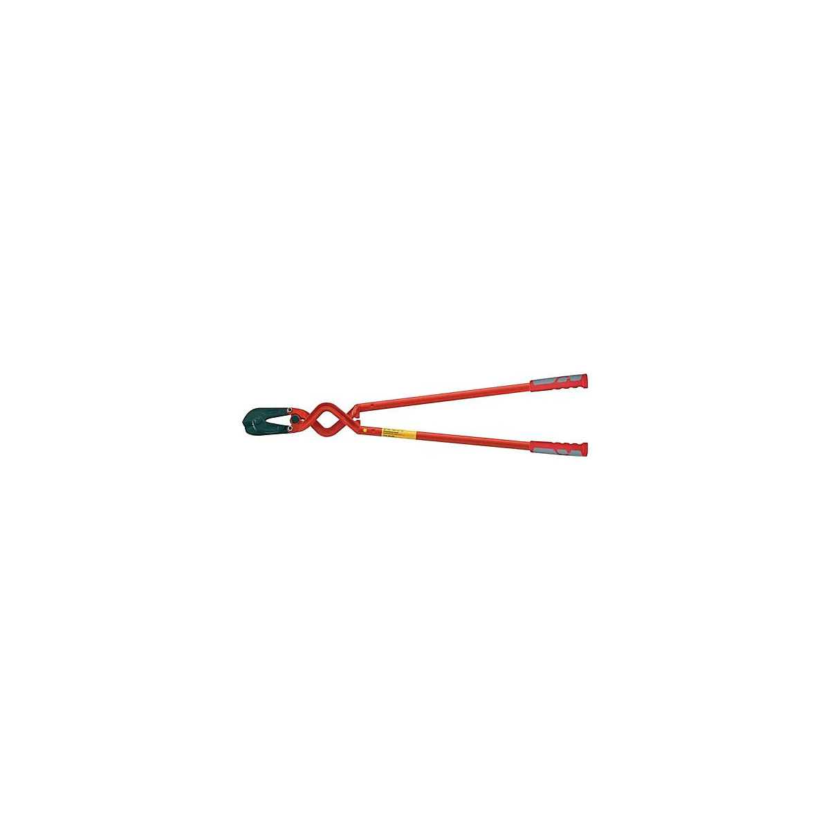 Rood-zwarte boutensnijder, detailweergave. Rode handvatten en lange hendels, zwarte snijbekken.