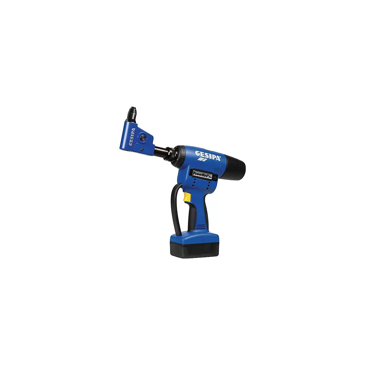 Blauw-zwarte klinkmachine met handvat, batterij en opschrift 'GESIPA PowerBird Pro'.
