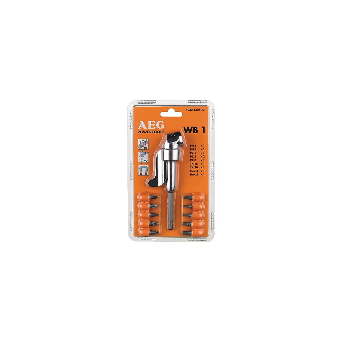 Verpakking met haakse opzetstuk en bits van AEG Powertools. Bits en een haakse opzetstuk zijn gerangschikt op een oranje achtergrond, met technische details ernaast.