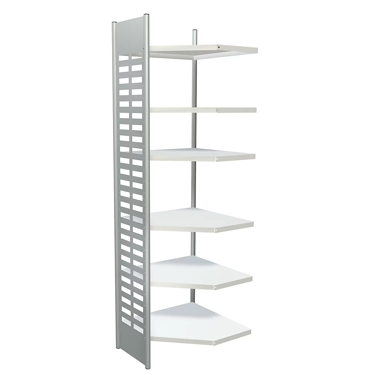 Hoekplank met vijf witte, zeshoekige planken, ondersteund door een zilverkleurige, geperforeerde kolom.