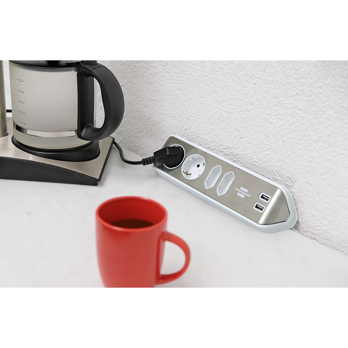 Hoekstopcontactstrip brennenstuhl® estilo, 4-voudig + USB-laadfunctie, IP20, met kabel &amp; kleefkussens, L 70 x B 100 x H 300 mm, wit-zilver