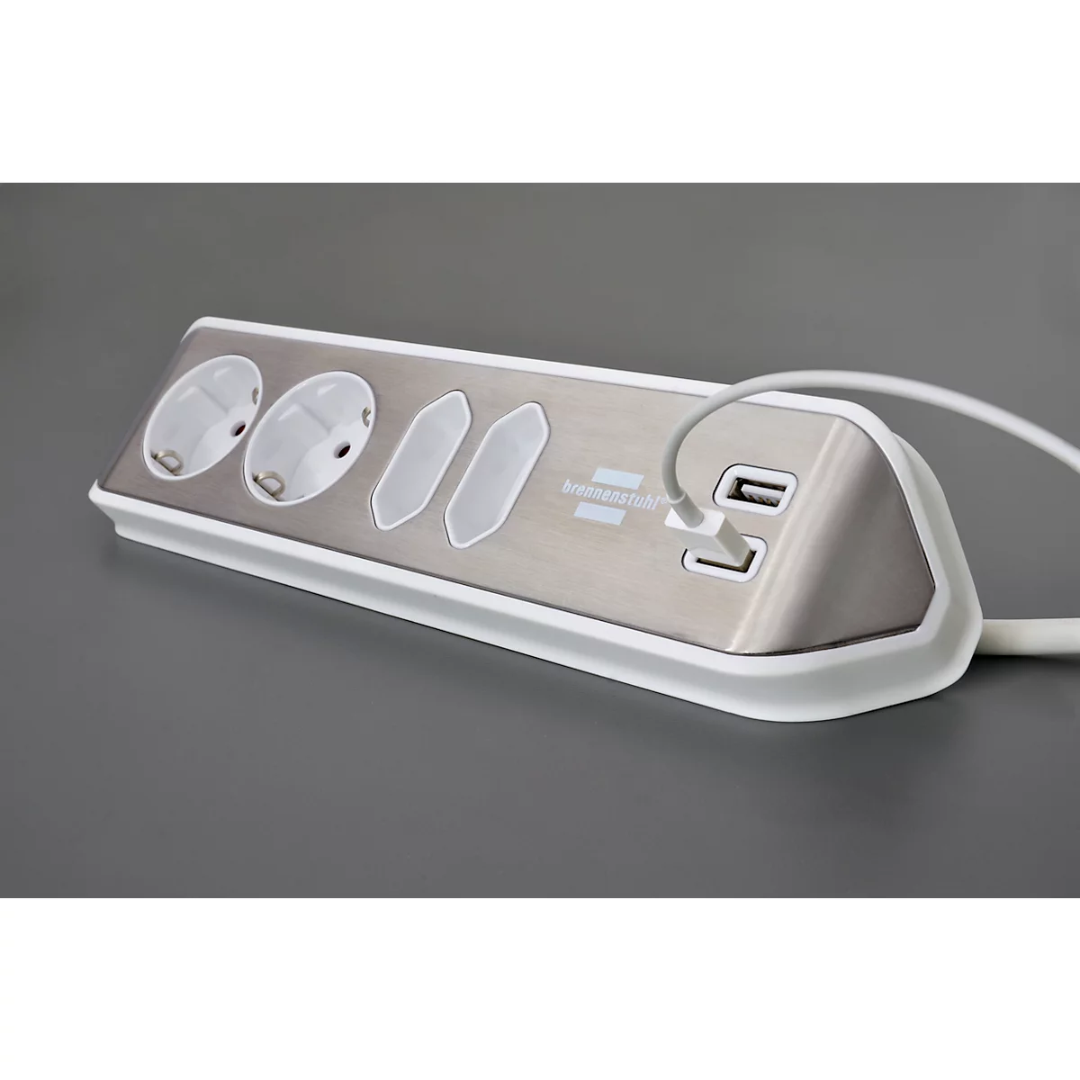 Hoekstopcontactstrip brennenstuhl® estilo, 4-voudig + USB-laadfunctie, IP20, met kabel &amp; kleefkussens, L 70 x B 100 x H 300 mm, wit-zilver