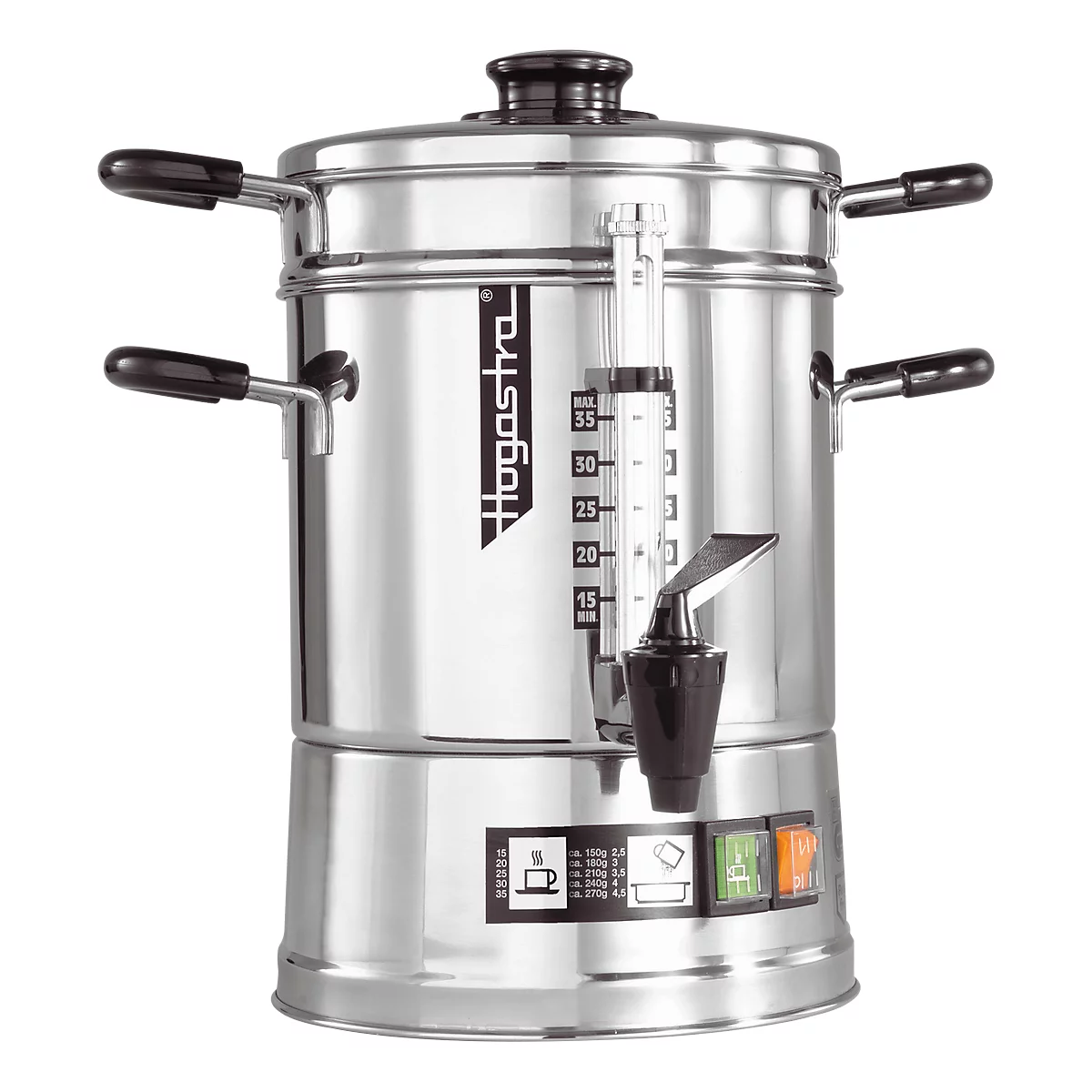 Silver coffee maker with handles, water level indicator, tap, and control panel. The "Hogastra" logo is visible.