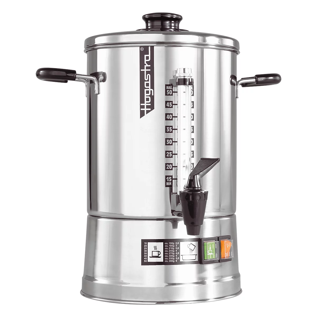 Stainless steel coffee maker with water level indicator and tap. Text: Hogastra. Coffee and water symbols with colored switches.