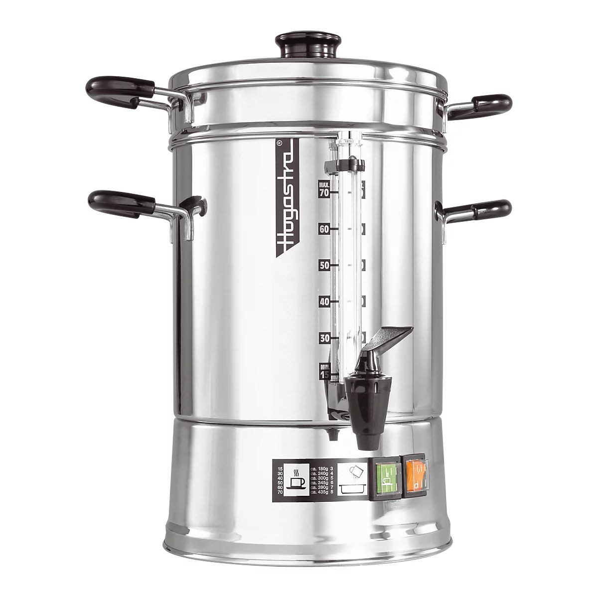 Stainless steel coffee maker with handles, water level indicator, and tap. Logo and switches on the front.