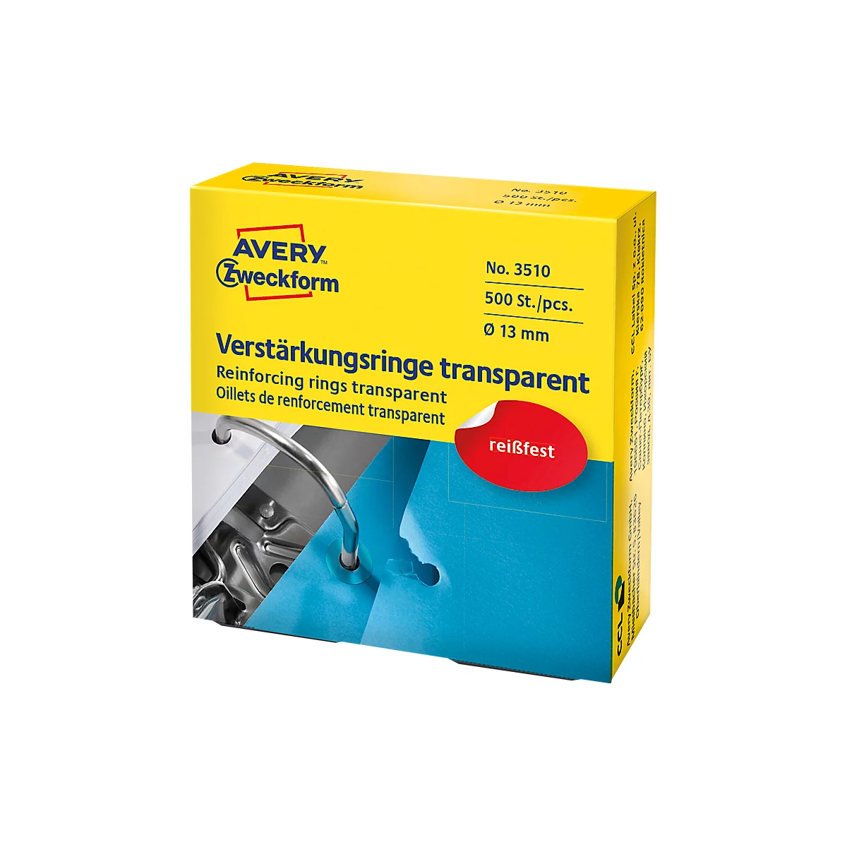 Yellow box of transparent reinforcing rings. Text: Avery Zweckform, tear-resistant. Details: 500 pieces, 13 mm.