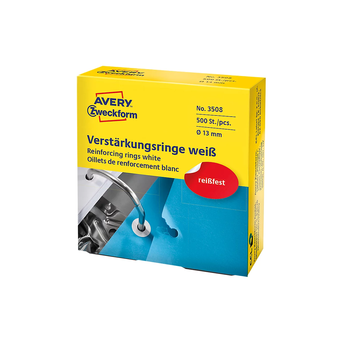 Yellow packaging of Avery Zweckform reinforcing rings. Inscription: "Reinforcing rings white", "tear-resistant". A silver lever is visible.