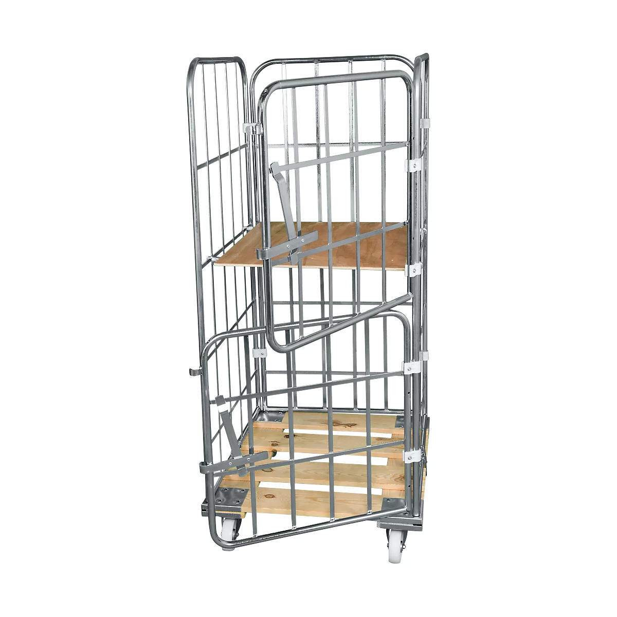 Holzrollpalette mit 2 Seitengittern, 1 Rückwand, 2 halbe Vorderwände